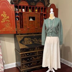 Sage Green Button Cardigan with Cream Skirt